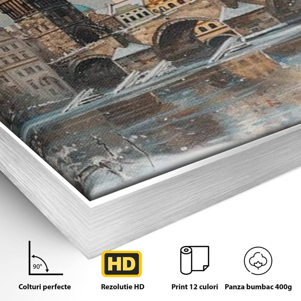 Tablou Canvas Premium, LuxCanva® O1044, Podul Carol in Zapada, Praga, Iarna, Magie, Ceh, Poveste, Farmec, Medieval, Cladire, Istorie, Capitala, Turn, Gotic, Armonie, Frumos, Birou, Living, Dormitor