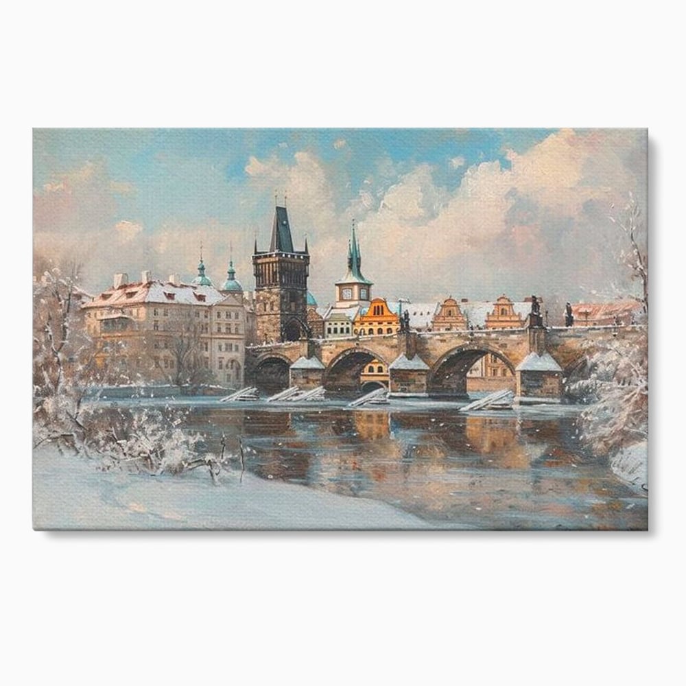 Tablou Canvas Premium, LuxCanva® O1044, Podul Carol in Zapada, Praga, Iarna, Magie, Ceh, Poveste, Farmec, Medieval, Cladire, Istorie, Capitala, Turn, Gotic, Armonie, Frumos, Birou, Living, Dormitor