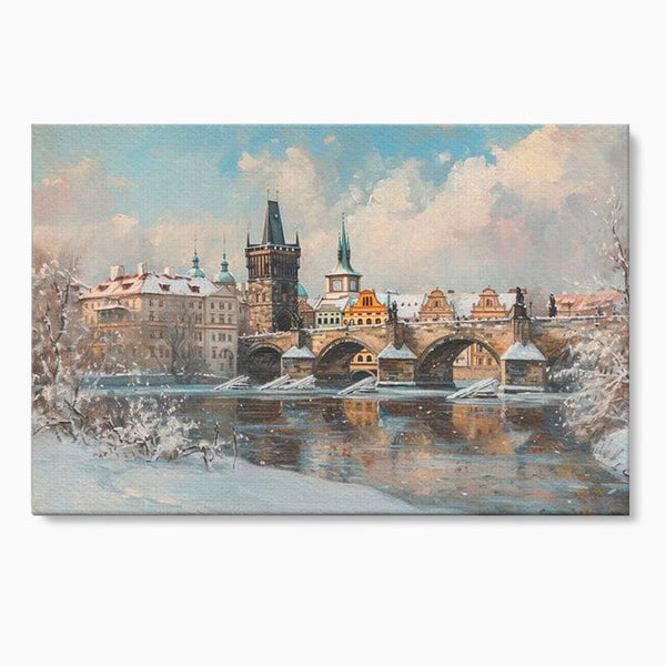 Tablou Canvas Premium, LuxCanva® O1044, Podul Carol in Zapada, Praga, Iarna, Magie, Ceh, Poveste, Farmec, Medieval, Cladire, Istorie, Capitala, Turn, Gotic, Armonie, Frumos, Birou, Living, Dormitor