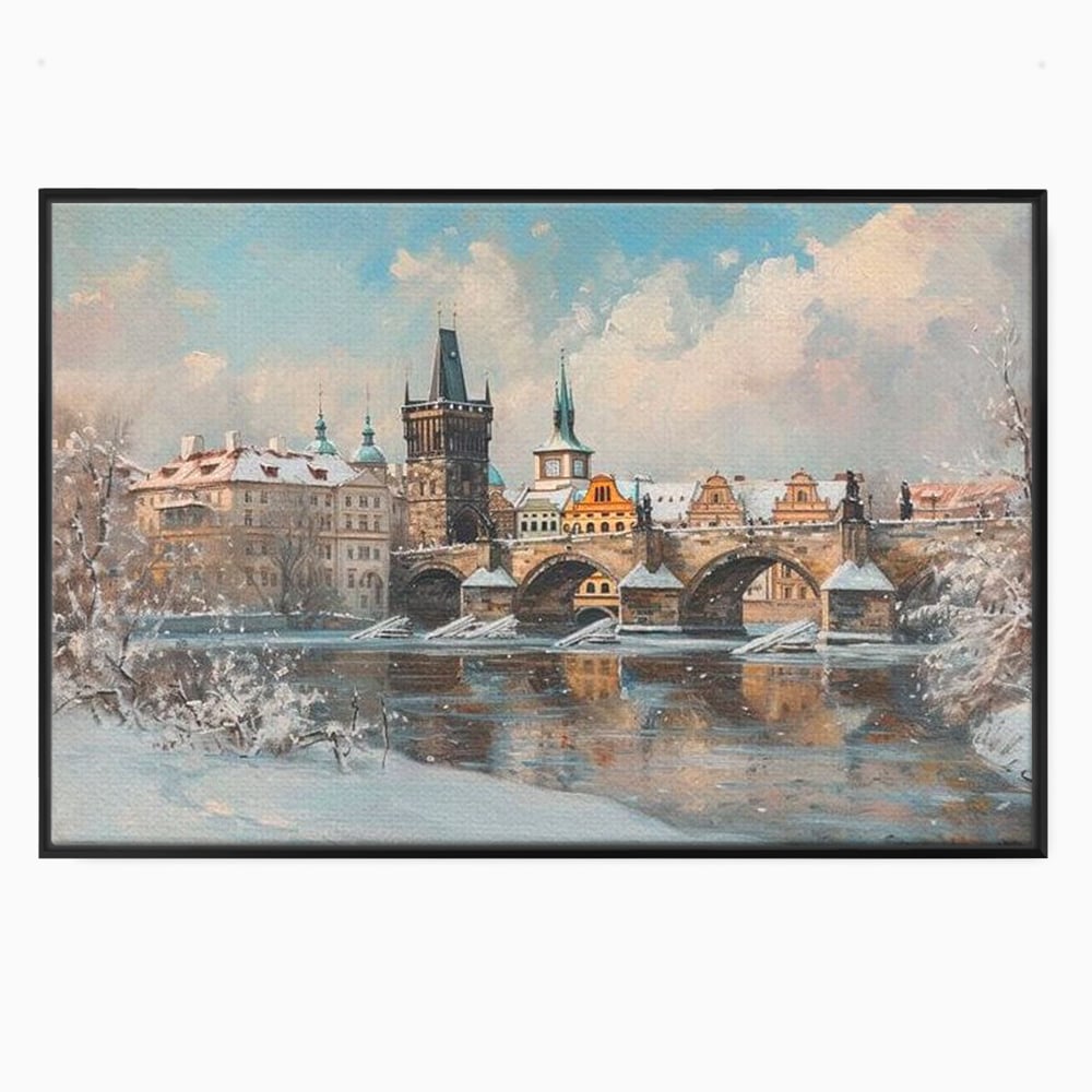 Tablou Canvas Premium, LuxCanva® O1044, Podul Carol in Zapada, Praga, Iarna, Magie, Ceh, Poveste, Farmec, Medieval, Cladire, Istorie, Capitala, Turn, Gotic, Armonie, Frumos, Birou, Living, Dormitor