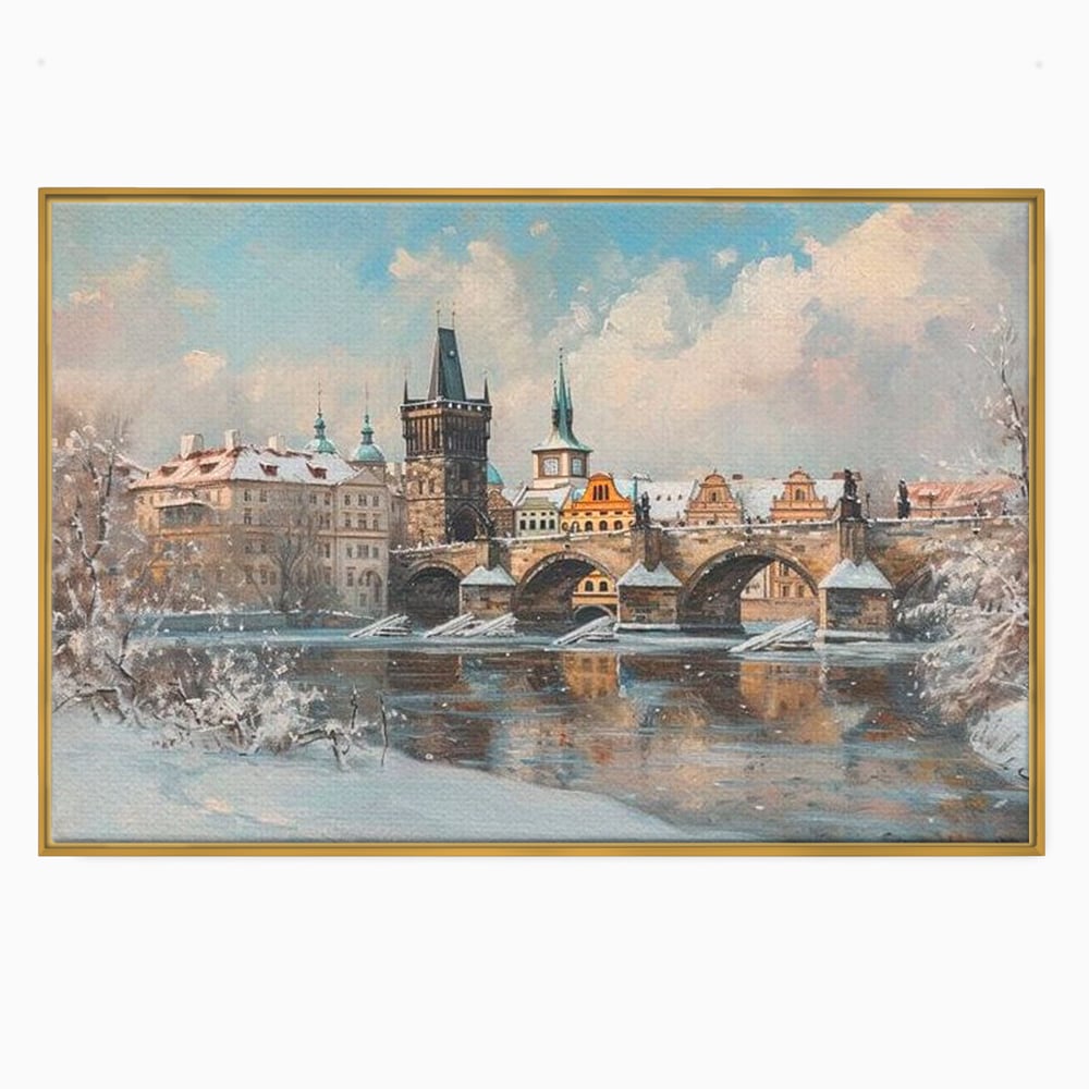 Tablou Canvas Premium, LuxCanva® O1044, Podul Carol in Zapada, Praga, Iarna, Magie, Ceh, Poveste, Farmec, Medieval, Cladire, Istorie, Capitala, Turn, Gotic, Armonie, Frumos, Birou, Living, Dormitor