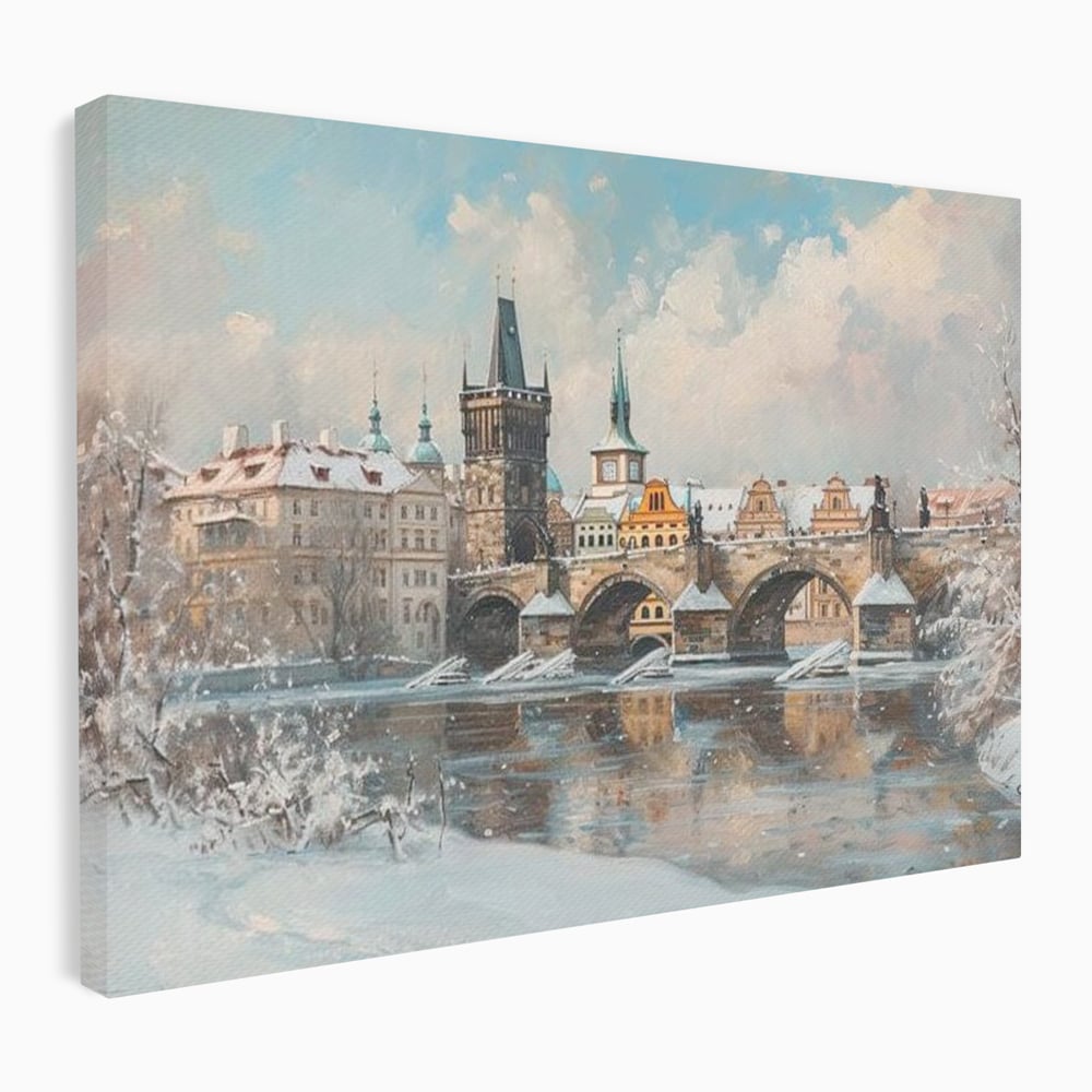 Tablou Canvas Premium, LuxCanva® O1044, Podul Carol in Zapada, Praga, Iarna, Magie, Ceh, Poveste, Farmec, Medieval, Cladire, Istorie, Capitala, Turn, Gotic, Armonie, Frumos, Birou, Living, Dormitor