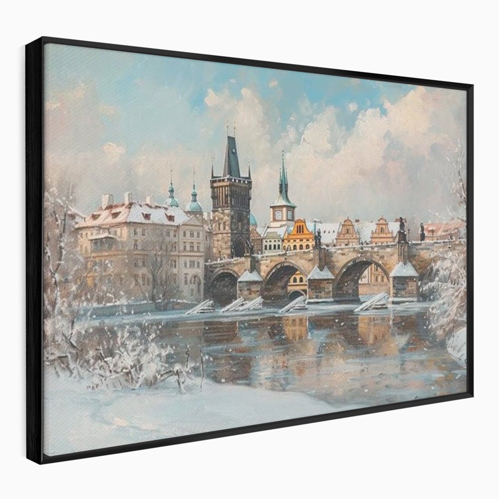 Tablou Canvas Premium, LuxCanva® O1044, Podul Carol in Zapada, Praga, Iarna, Magie, Ceh, Poveste, Farmec, Medieval, Cladire, Istorie, Capitala, Turn, Gotic, Armonie, Frumos, Birou, Living, Dormitor