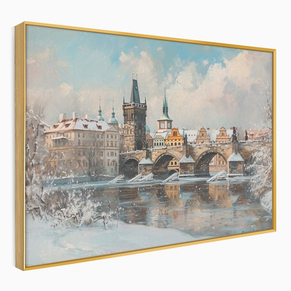 Tablou Canvas Premium, LuxCanva® O1044, Podul Carol in Zapada, Praga, Iarna, Magie, Ceh, Poveste, Farmec, Medieval, Cladire, Istorie, Capitala, Turn, Gotic, Armonie, Frumos, Birou, Living, Dormitor