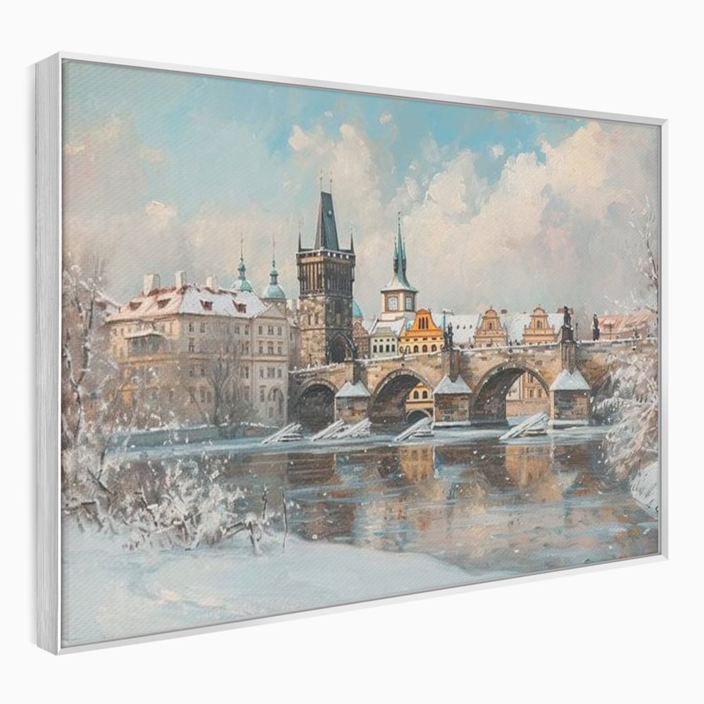 Tablou Canvas Premium, LuxCanva® O1044, Podul Carol in Zapada, Praga, Iarna, Magie, Ceh, Poveste, Farmec, Medieval, Cladire, Istorie, Capitala, Turn, Gotic, Armonie, Frumos, Birou, Living, Dormitor