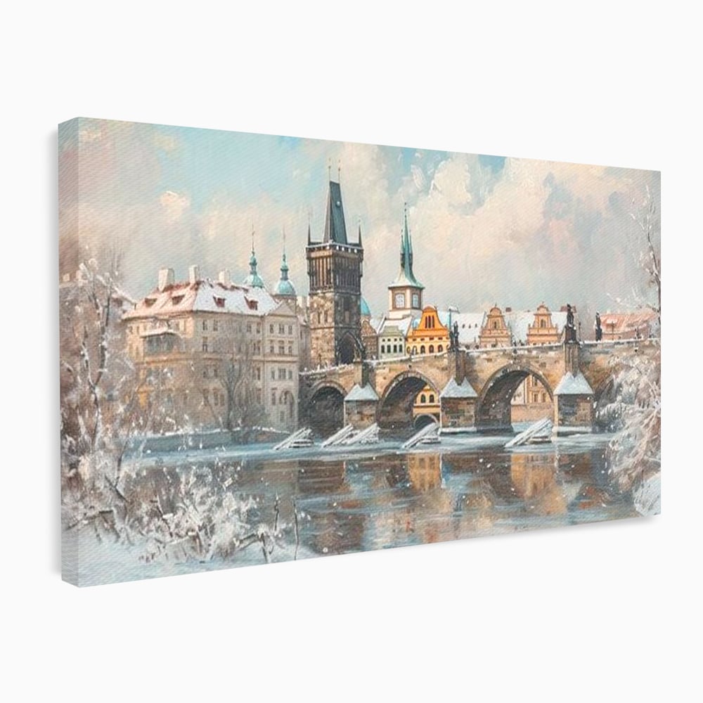 Tablou Canvas Premium, LuxCanva® O1044, Podul Carol in Zapada, Praga, Iarna, Magie, Ceh, Poveste, Farmec, Medieval, Cladire, Istorie, Capitala, Turn, Gotic, Armonie, Frumos, Birou, Living, Dormitor