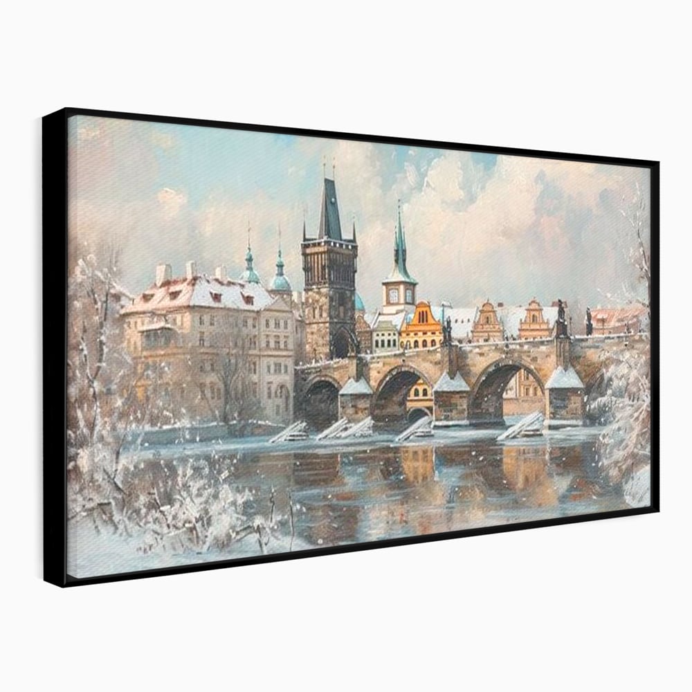 Tablou Canvas Premium, LuxCanva® O1044, Podul Carol in Zapada, Praga, Iarna, Magie, Ceh, Poveste, Farmec, Medieval, Cladire, Istorie, Capitala, Turn, Gotic, Armonie, Frumos, Birou, Living, Dormitor