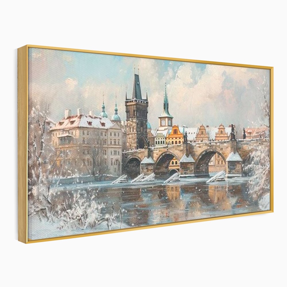 Tablou Canvas Premium, LuxCanva® O1044, Podul Carol in Zapada, Praga, Iarna, Magie, Ceh, Poveste, Farmec, Medieval, Cladire, Istorie, Capitala, Turn, Gotic, Armonie, Frumos, Birou, Living, Dormitor