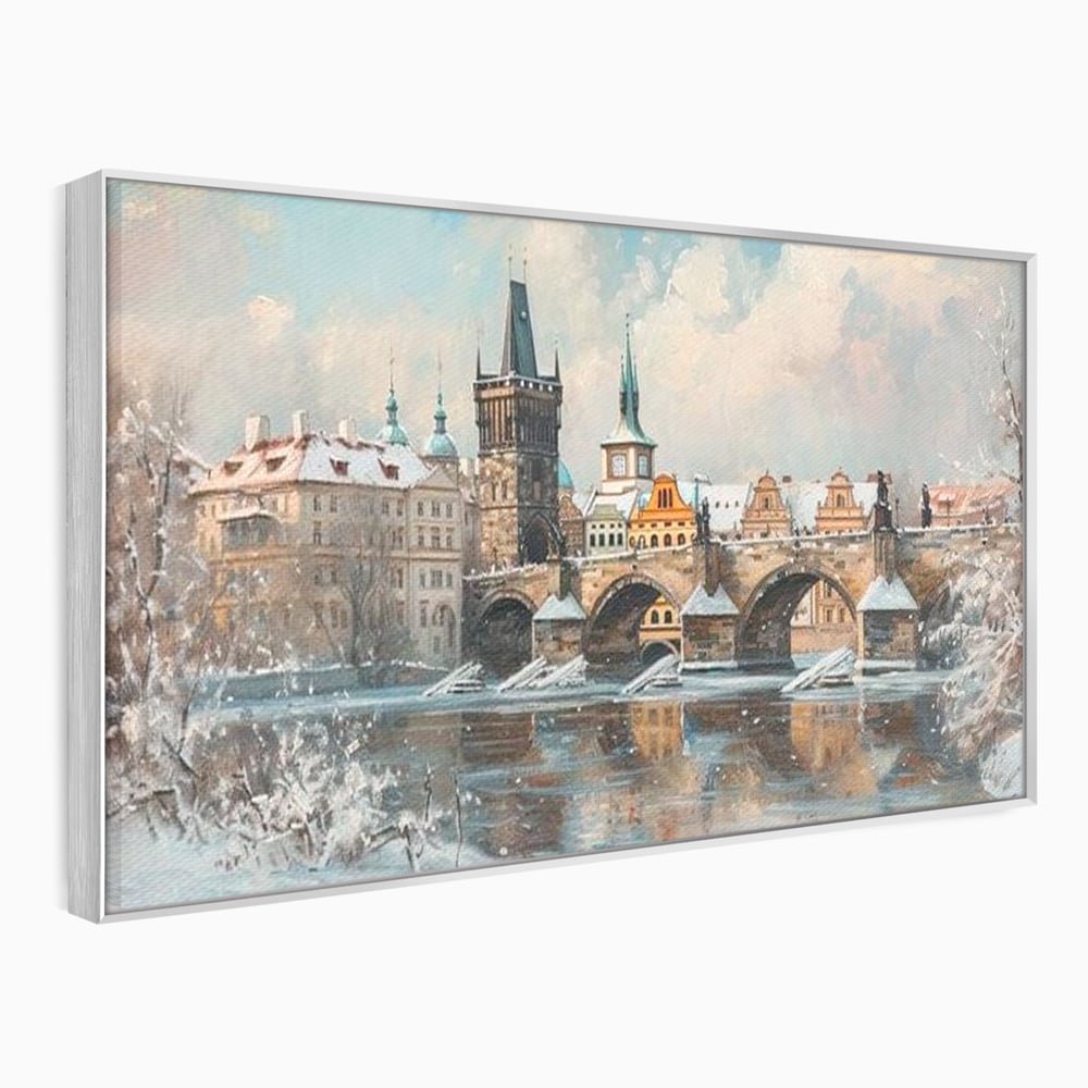Tablou Canvas Premium, LuxCanva® O1044, Podul Carol in Zapada, Praga, Iarna, Magie, Ceh, Poveste, Farmec, Medieval, Cladire, Istorie, Capitala, Turn, Gotic, Armonie, Frumos, Birou, Living, Dormitor