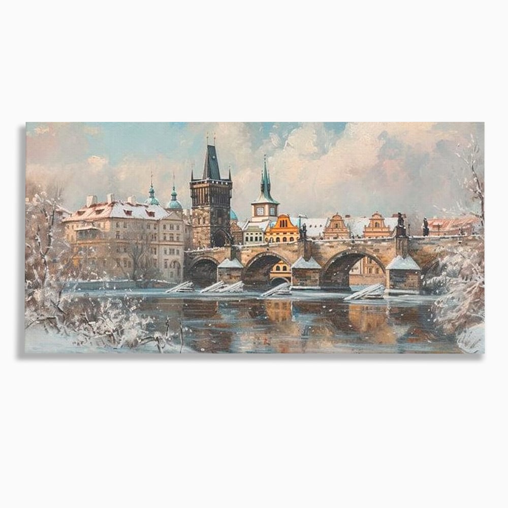 Tablou Canvas Premium, LuxCanva® O1044, Podul Carol in Zapada, Praga, Iarna, Magie, Ceh, Poveste, Farmec, Medieval, Cladire, Istorie, Capitala, Turn, Gotic, Armonie, Frumos, Birou, Living, Dormitor