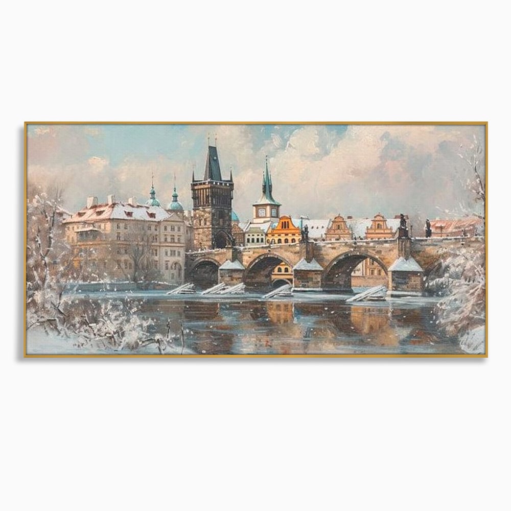 Tablou Canvas Premium, LuxCanva® O1044, Podul Carol in Zapada, Praga, Iarna, Magie, Ceh, Poveste, Farmec, Medieval, Cladire, Istorie, Capitala, Turn, Gotic, Armonie, Frumos, Birou, Living, Dormitor