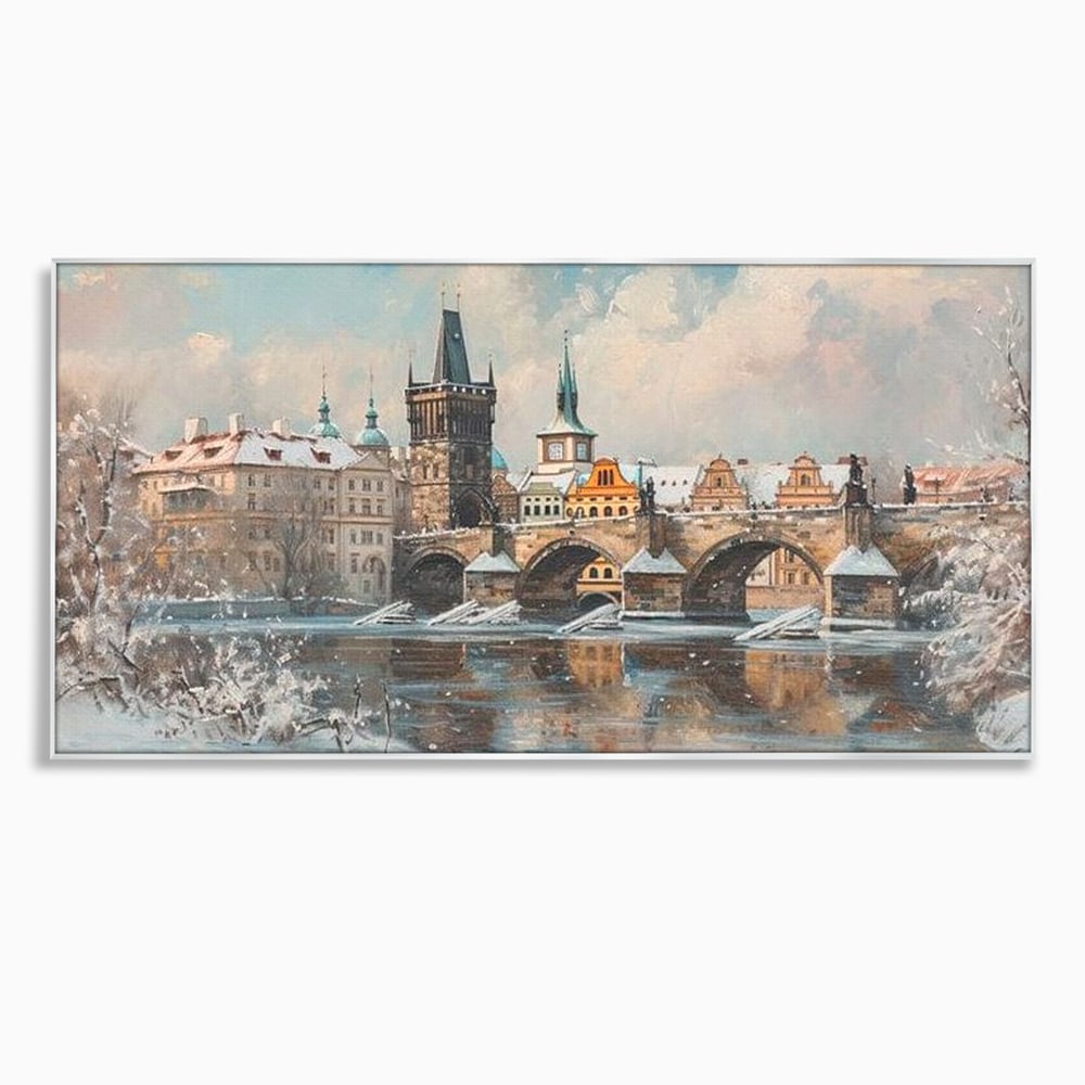 Tablou Canvas Premium, LuxCanva® O1044, Podul Carol in Zapada, Praga, Iarna, Magie, Ceh, Poveste, Farmec, Medieval, Cladire, Istorie, Capitala, Turn, Gotic, Armonie, Frumos, Birou, Living, Dormitor