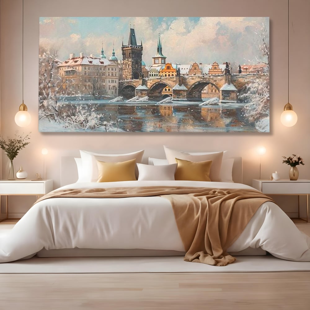 Tablou Canvas Premium, LuxCanva® O1044, Podul Carol in Zapada, Praga, Iarna, Magie, Ceh, Poveste, Farmec, Medieval, Cladire, Istorie, Capitala, Turn, Gotic, Armonie, Frumos, Birou, Living, Dormitor