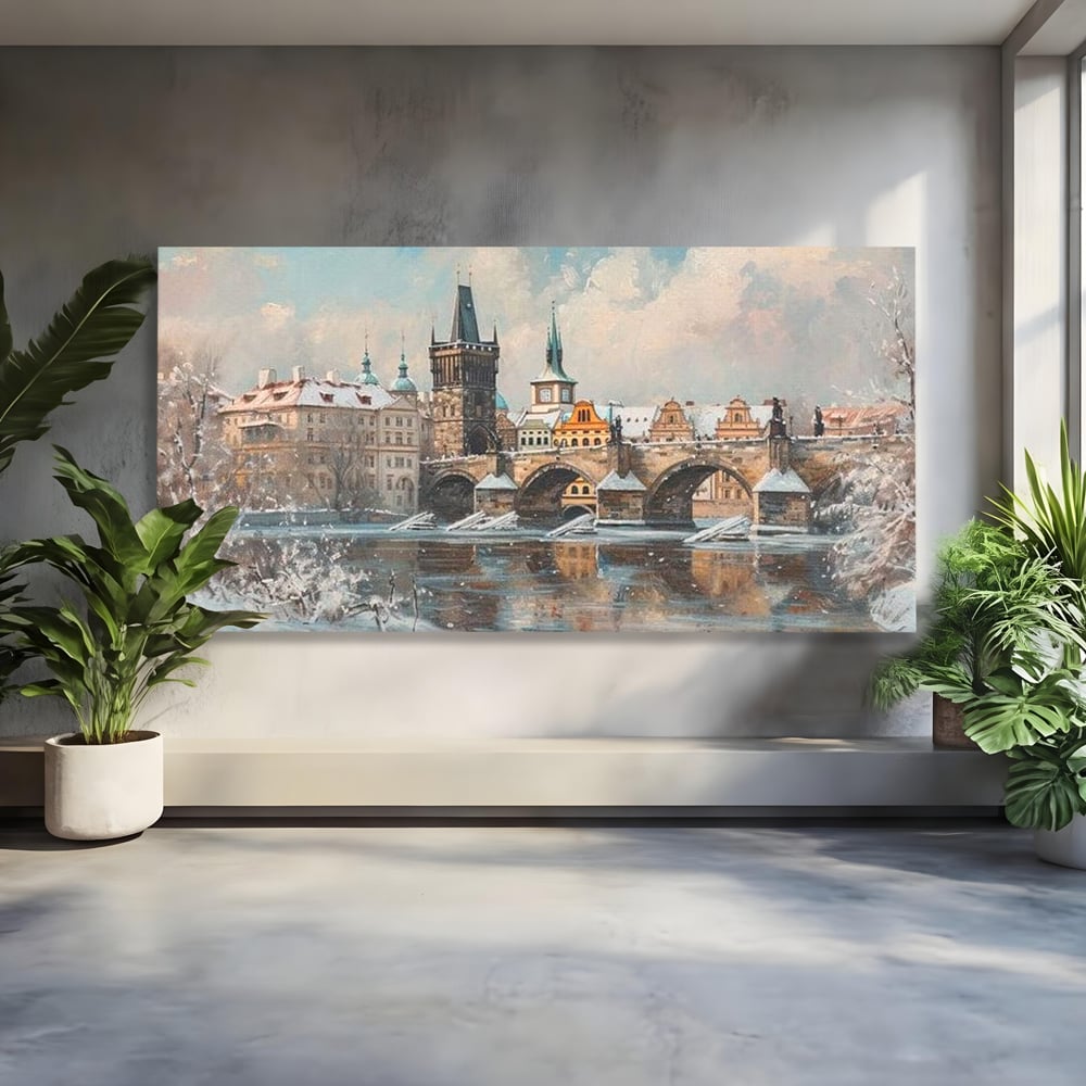 Tablou Canvas Premium, LuxCanva® O1044, Podul Carol in Zapada, Praga, Iarna, Magie, Ceh, Poveste, Farmec, Medieval, Cladire, Istorie, Capitala, Turn, Gotic, Armonie, Frumos, Birou, Living, Dormitor