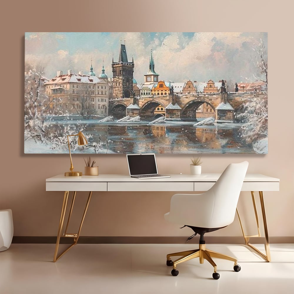 Tablou Canvas Premium, LuxCanva® O1044, Podul Carol in Zapada, Praga, Iarna, Magie, Ceh, Poveste, Farmec, Medieval, Cladire, Istorie, Capitala, Turn, Gotic, Armonie, Frumos, Birou, Living, Dormitor