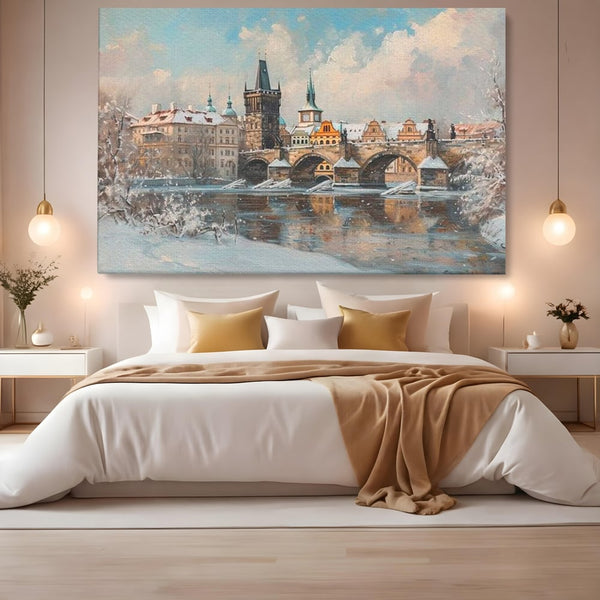 Tablou Canvas Premium, LuxCanva® O1044, Podul Carol in Zapada, Praga, Iarna, Magie, Ceh, Poveste, Farmec, Medieval, Cladire, Istorie, Capitala, Turn, Gotic, Armonie, Frumos, Birou, Living, Dormitor