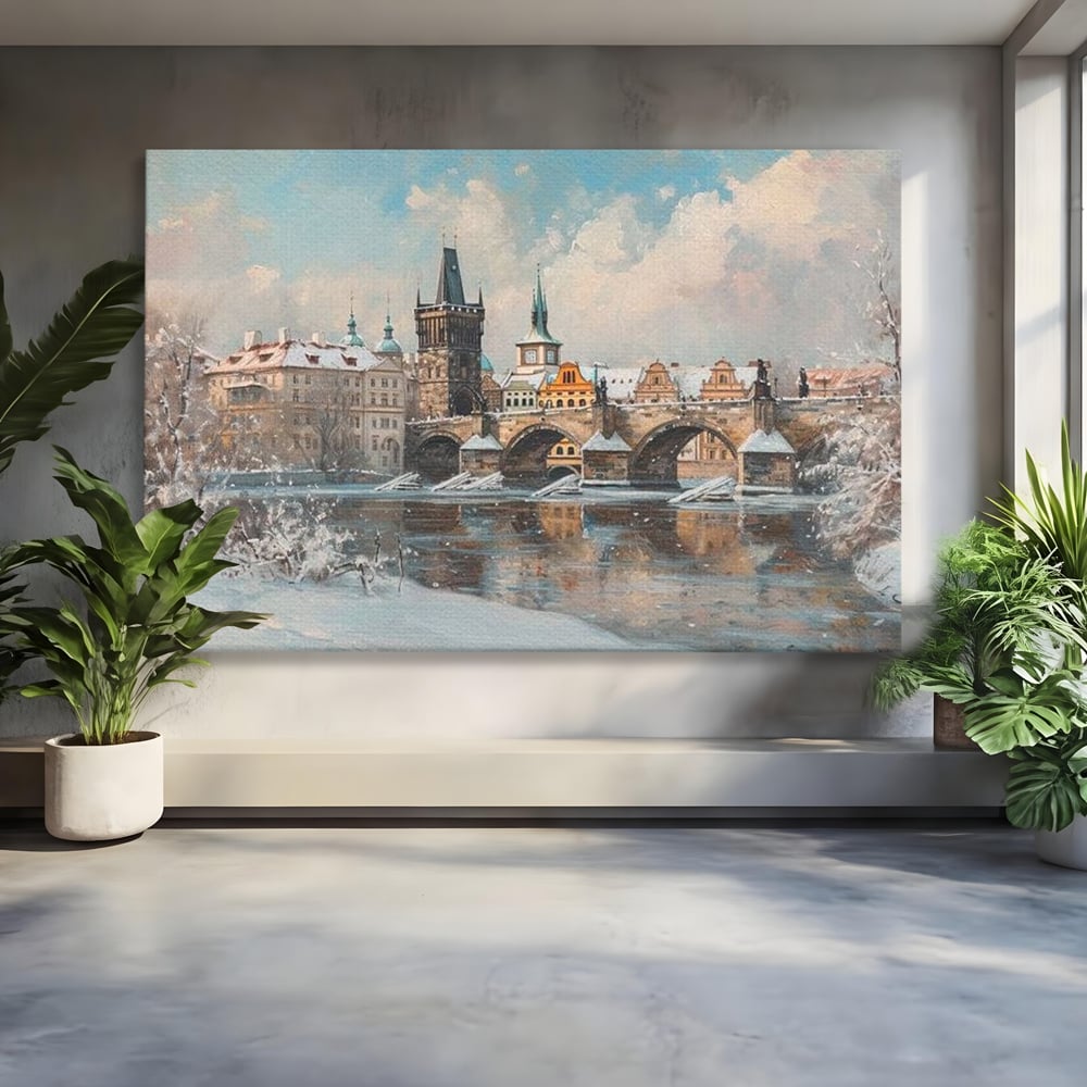 Tablou Canvas Premium, LuxCanva® O1044, Podul Carol in Zapada, Praga, Iarna, Magie, Ceh, Poveste, Farmec, Medieval, Cladire, Istorie, Capitala, Turn, Gotic, Armonie, Frumos, Birou, Living, Dormitor