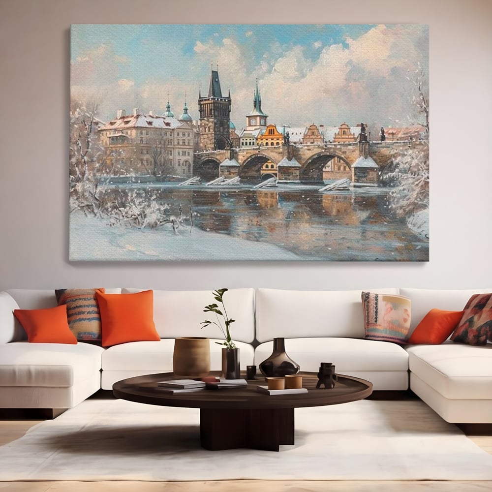 Tablou Canvas Premium, LuxCanva® O1044, Podul Carol in Zapada, Praga, Iarna, Magie, Ceh, Poveste, Farmec, Medieval, Cladire, Istorie, Capitala, Turn, Gotic, Armonie, Frumos, Birou, Living, Dormitor