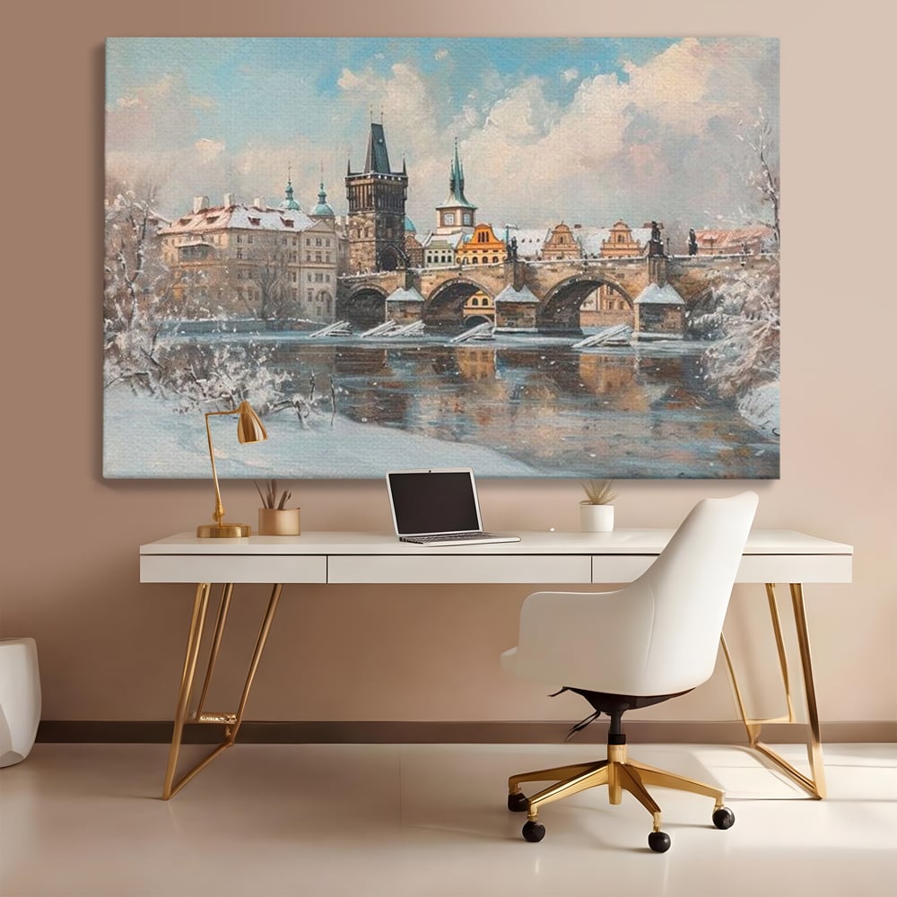Tablou Canvas Premium, LuxCanva® O1044, Podul Carol in Zapada, Praga, Iarna, Magie, Ceh, Poveste, Farmec, Medieval, Cladire, Istorie, Capitala, Turn, Gotic, Armonie, Frumos, Birou, Living, Dormitor
