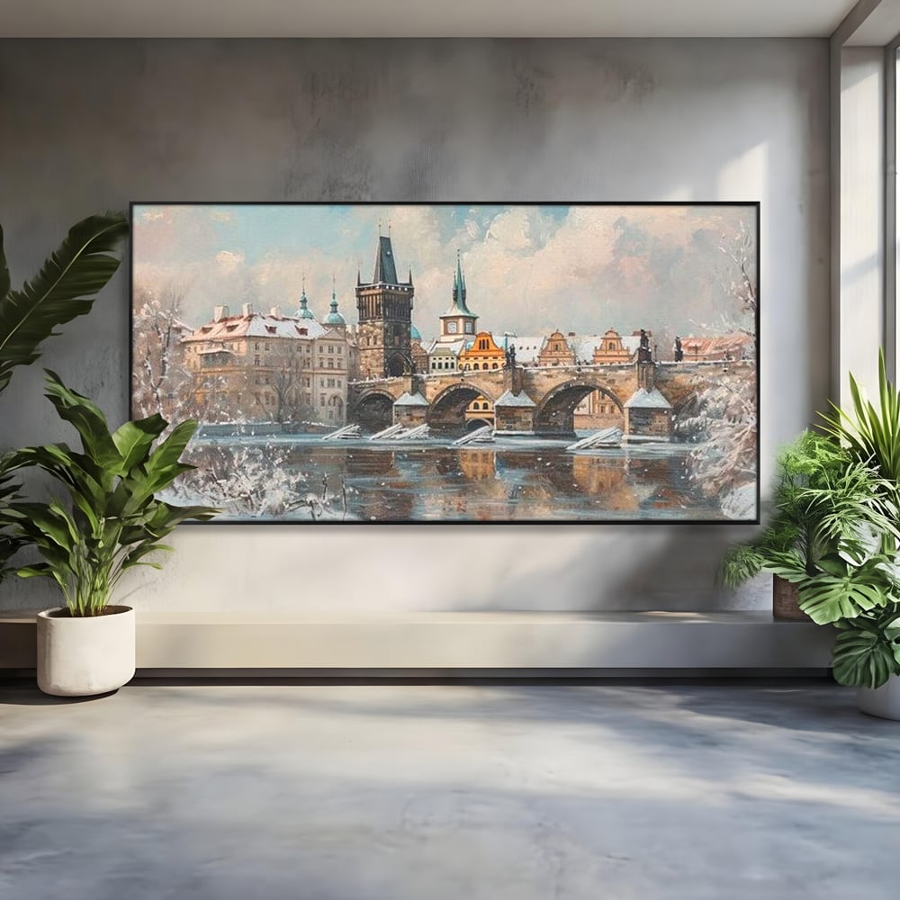 Tablou Canvas Premium, LuxCanva® O1044, Podul Carol in Zapada, Praga, Iarna, Magie, Ceh, Poveste, Farmec, Medieval, Cladire, Istorie, Capitala, Turn, Gotic, Armonie, Frumos, Birou, Living, Dormitor