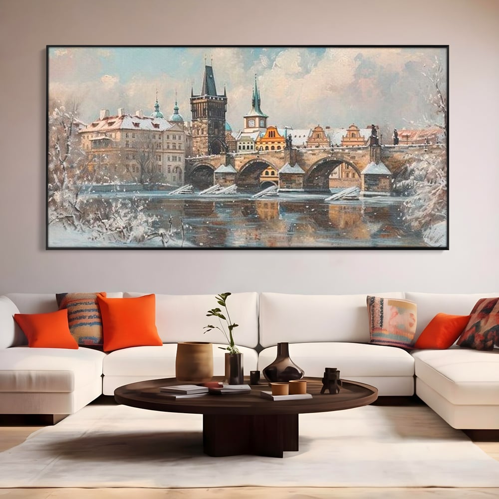 Tablou Canvas Premium, LuxCanva® O1044, Podul Carol in Zapada, Praga, Iarna, Magie, Ceh, Poveste, Farmec, Medieval, Cladire, Istorie, Capitala, Turn, Gotic, Armonie, Frumos, Birou, Living, Dormitor