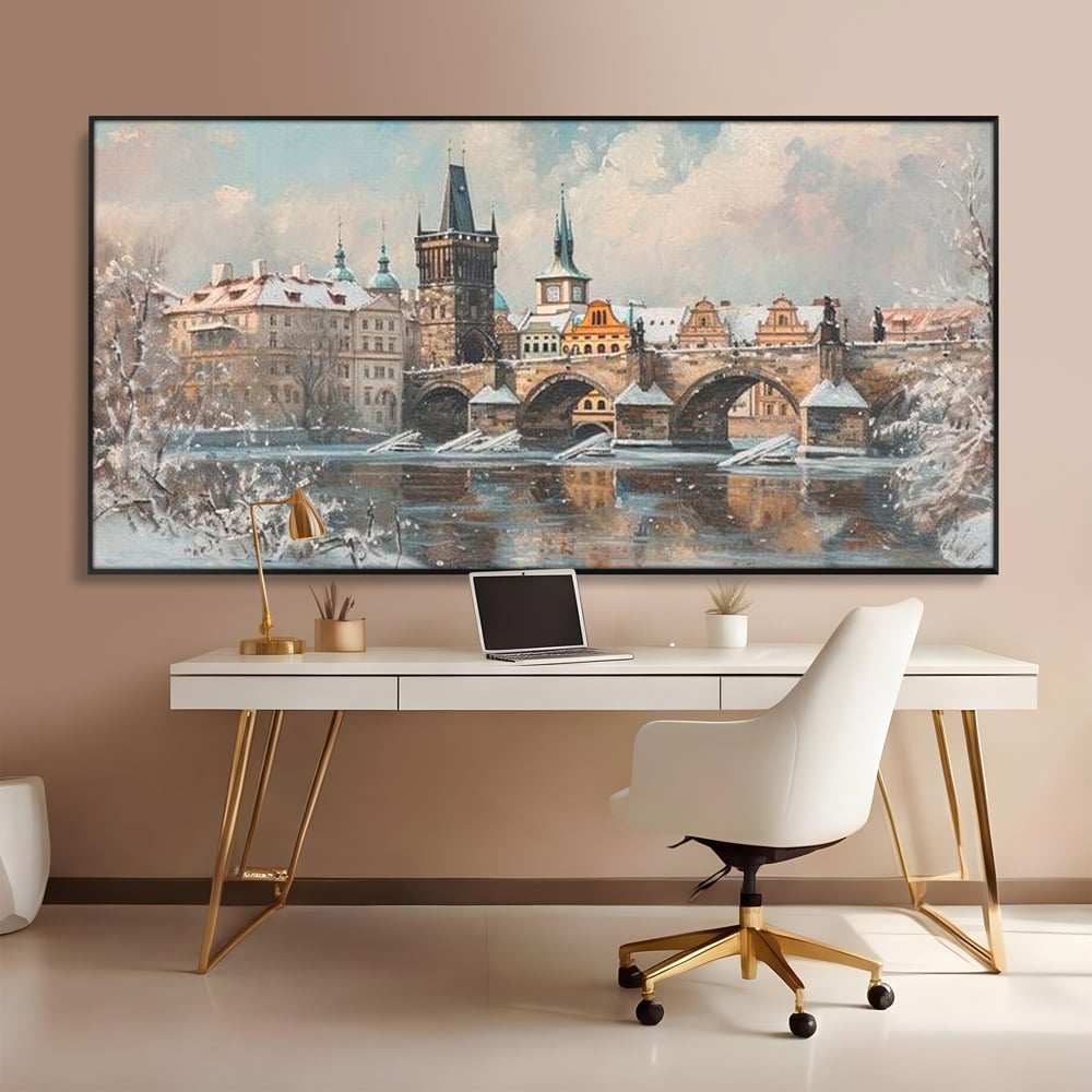 Tablou Canvas Premium, LuxCanva® O1044, Podul Carol in Zapada, Praga, Iarna, Magie, Ceh, Poveste, Farmec, Medieval, Cladire, Istorie, Capitala, Turn, Gotic, Armonie, Frumos, Birou, Living, Dormitor