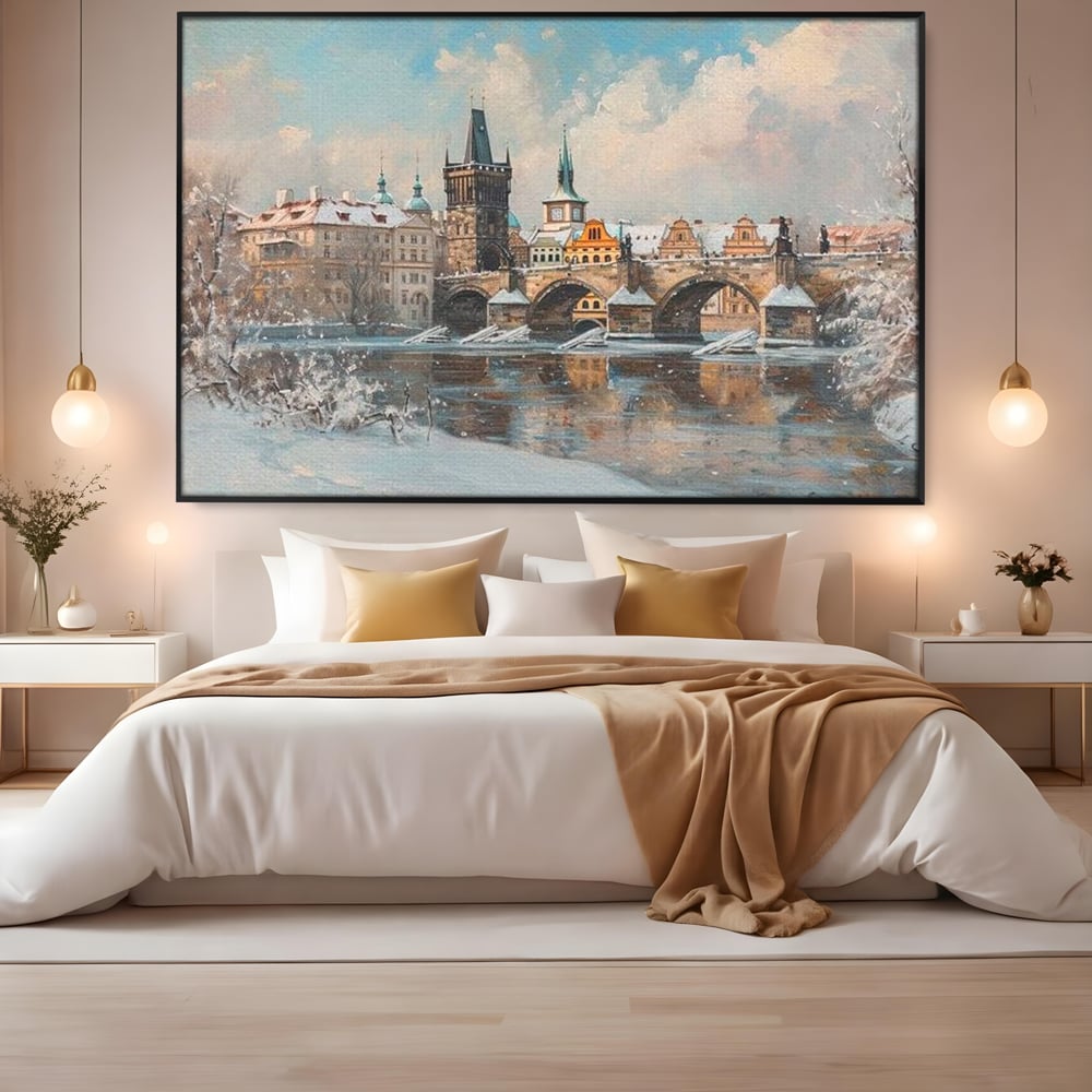 Tablou Canvas Premium, LuxCanva® O1044, Podul Carol in Zapada, Praga, Iarna, Magie, Ceh, Poveste, Farmec, Medieval, Cladire, Istorie, Capitala, Turn, Gotic, Armonie, Frumos, Birou, Living, Dormitor