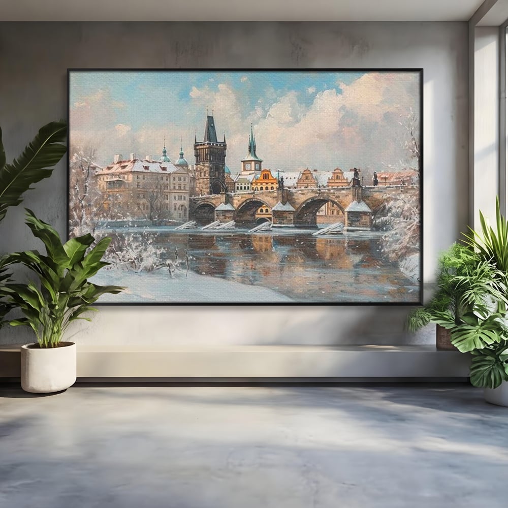 Tablou Canvas Premium, LuxCanva® O1044, Podul Carol in Zapada, Praga, Iarna, Magie, Ceh, Poveste, Farmec, Medieval, Cladire, Istorie, Capitala, Turn, Gotic, Armonie, Frumos, Birou, Living, Dormitor