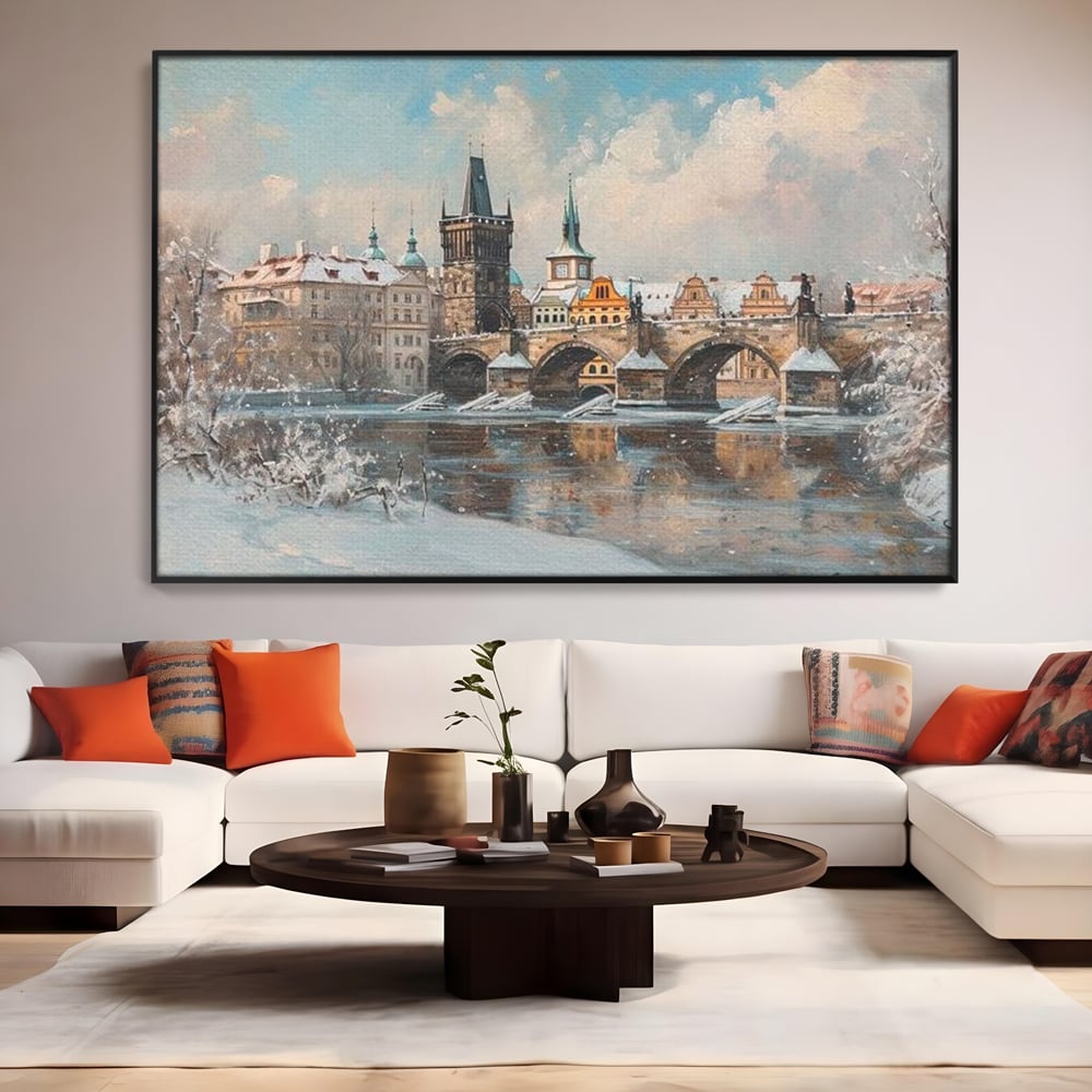 Tablou Canvas Premium, LuxCanva® O1044, Podul Carol in Zapada, Praga, Iarna, Magie, Ceh, Poveste, Farmec, Medieval, Cladire, Istorie, Capitala, Turn, Gotic, Armonie, Frumos, Birou, Living, Dormitor