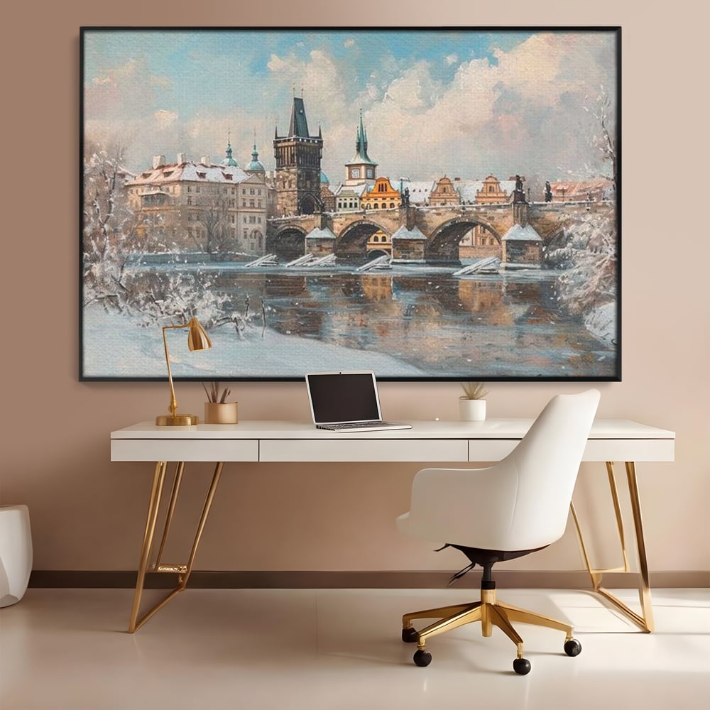 Tablou Canvas Premium, LuxCanva® O1044, Podul Carol in Zapada, Praga, Iarna, Magie, Ceh, Poveste, Farmec, Medieval, Cladire, Istorie, Capitala, Turn, Gotic, Armonie, Frumos, Birou, Living, Dormitor