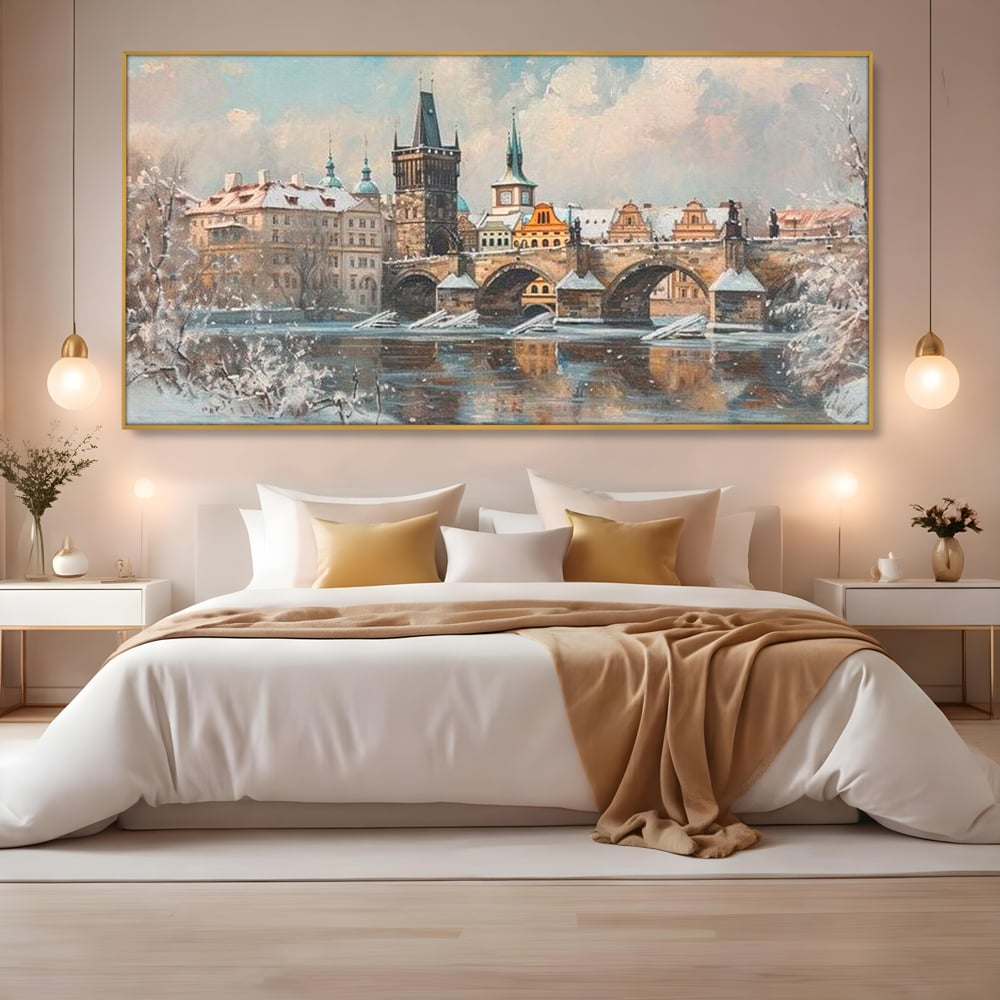 Tablou Canvas Premium, LuxCanva® O1044, Podul Carol in Zapada, Praga, Iarna, Magie, Ceh, Poveste, Farmec, Medieval, Cladire, Istorie, Capitala, Turn, Gotic, Armonie, Frumos, Birou, Living, Dormitor