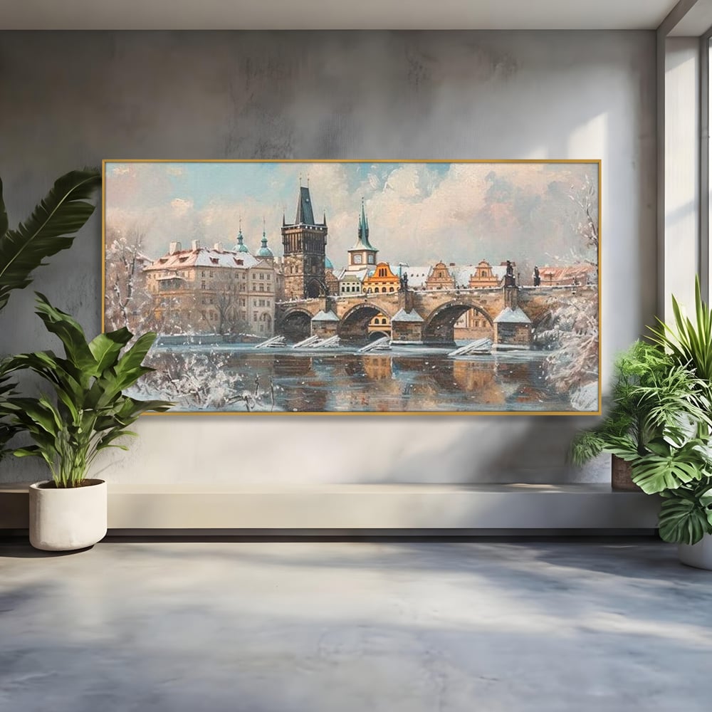 Tablou Canvas Premium, LuxCanva® O1044, Podul Carol in Zapada, Praga, Iarna, Magie, Ceh, Poveste, Farmec, Medieval, Cladire, Istorie, Capitala, Turn, Gotic, Armonie, Frumos, Birou, Living, Dormitor