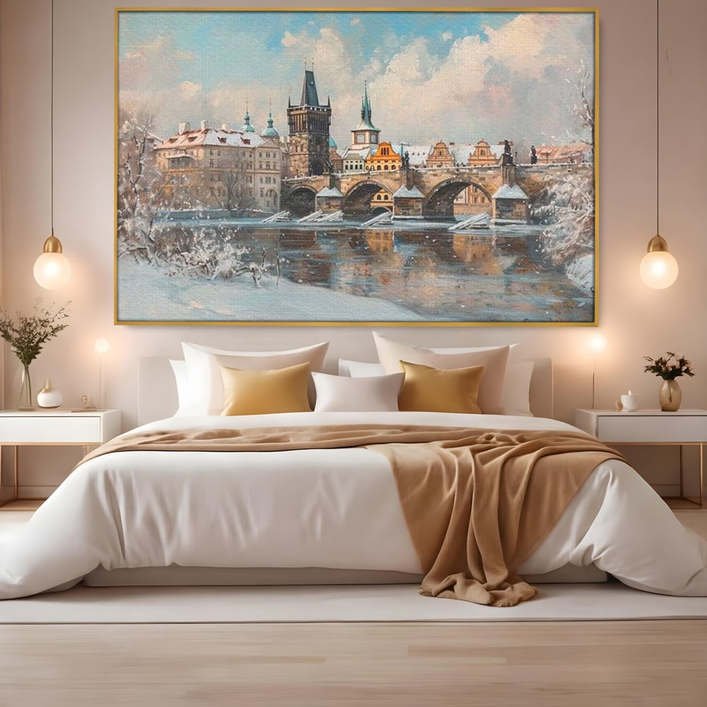 Tablou Canvas Premium, LuxCanva® O1044, Podul Carol in Zapada, Praga, Iarna, Magie, Ceh, Poveste, Farmec, Medieval, Cladire, Istorie, Capitala, Turn, Gotic, Armonie, Frumos, Birou, Living, Dormitor