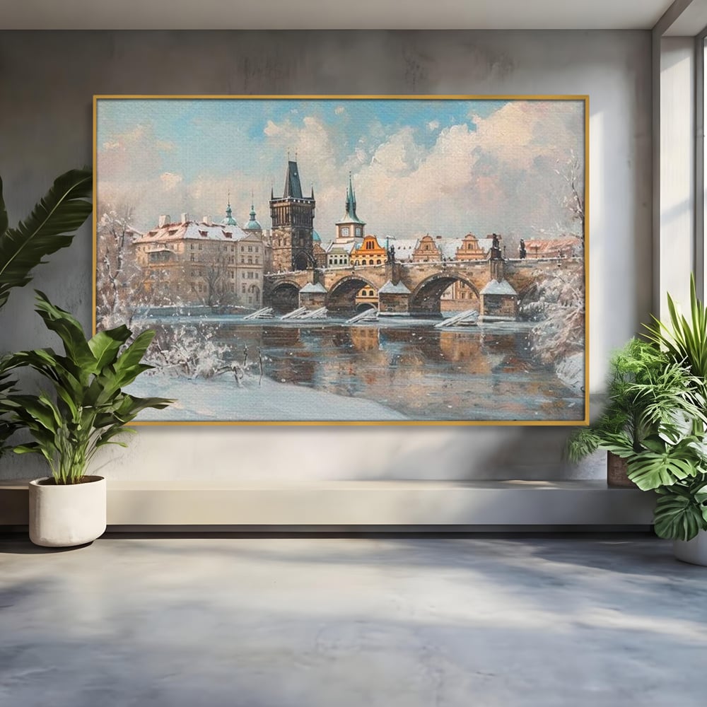 Tablou Canvas Premium, LuxCanva® O1044, Podul Carol in Zapada, Praga, Iarna, Magie, Ceh, Poveste, Farmec, Medieval, Cladire, Istorie, Capitala, Turn, Gotic, Armonie, Frumos, Birou, Living, Dormitor