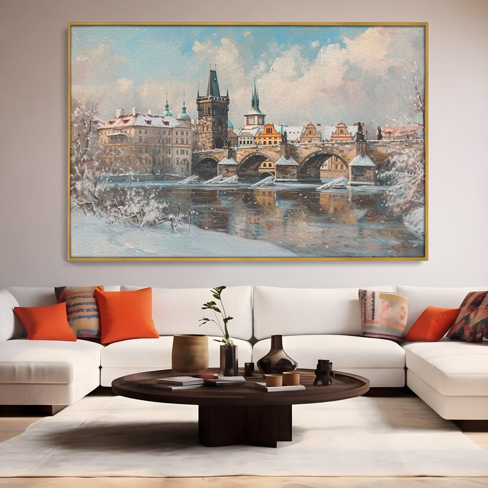 Tablou Canvas Premium, LuxCanva® O1044, Podul Carol in Zapada, Praga, Iarna, Magie, Ceh, Poveste, Farmec, Medieval, Cladire, Istorie, Capitala, Turn, Gotic, Armonie, Frumos, Birou, Living, Dormitor
