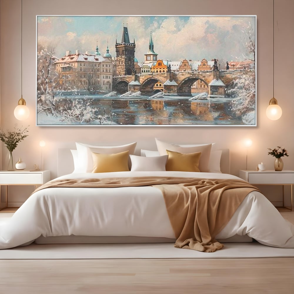 Tablou Canvas Premium, LuxCanva® O1044, Podul Carol in Zapada, Praga, Iarna, Magie, Ceh, Poveste, Farmec, Medieval, Cladire, Istorie, Capitala, Turn, Gotic, Armonie, Frumos, Birou, Living, Dormitor