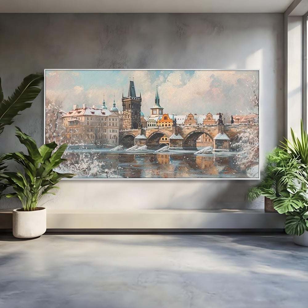 Tablou Canvas Premium, LuxCanva® O1044, Podul Carol in Zapada, Praga, Iarna, Magie, Ceh, Poveste, Farmec, Medieval, Cladire, Istorie, Capitala, Turn, Gotic, Armonie, Frumos, Birou, Living, Dormitor