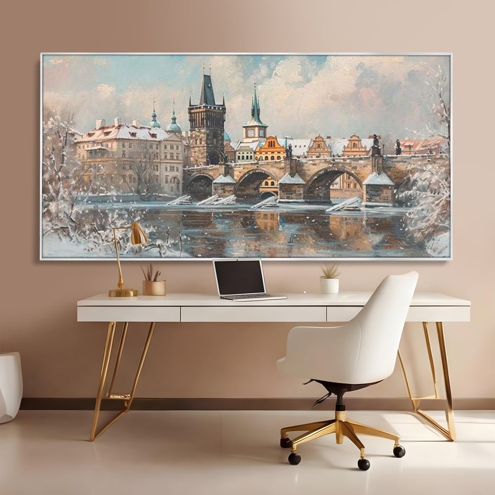 Tablou Canvas Premium, LuxCanva® O1044, Podul Carol in Zapada, Praga, Iarna, Magie, Ceh, Poveste, Farmec, Medieval, Cladire, Istorie, Capitala, Turn, Gotic, Armonie, Frumos, Birou, Living, Dormitor