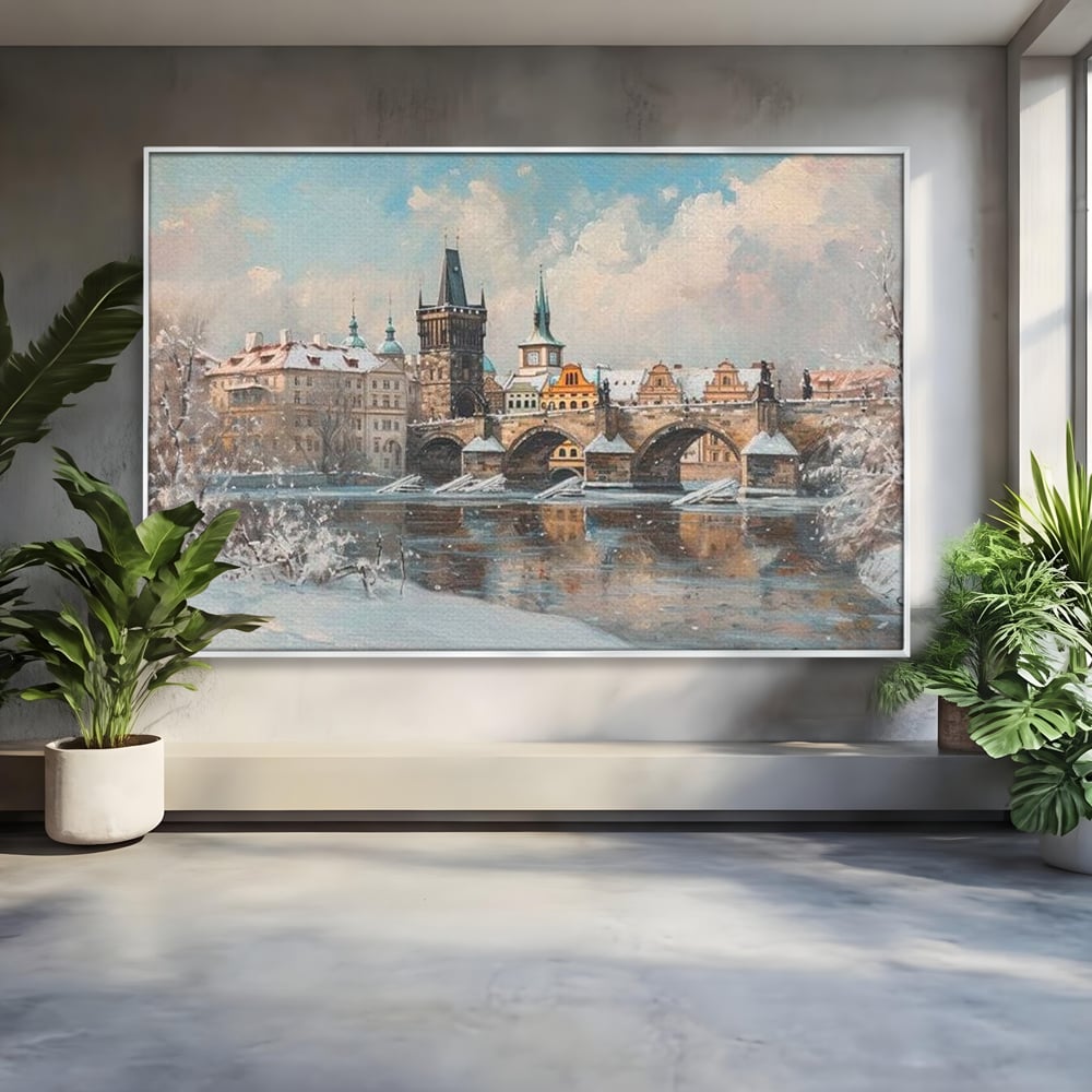 Tablou Canvas Premium, LuxCanva® O1044, Podul Carol in Zapada, Praga, Iarna, Magie, Ceh, Poveste, Farmec, Medieval, Cladire, Istorie, Capitala, Turn, Gotic, Armonie, Frumos, Birou, Living, Dormitor
