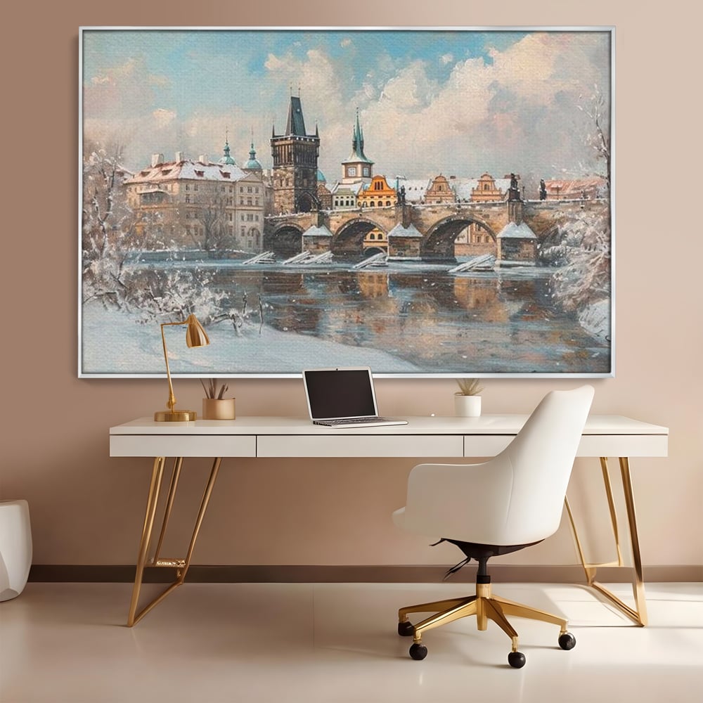 Tablou Canvas Premium, LuxCanva® O1044, Podul Carol in Zapada, Praga, Iarna, Magie, Ceh, Poveste, Farmec, Medieval, Cladire, Istorie, Capitala, Turn, Gotic, Armonie, Frumos, Birou, Living, Dormitor
