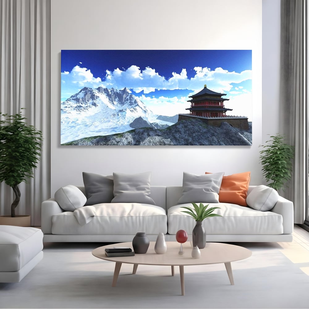 Tablou Canvas Premium, LuxCanva® O1045, Armonie in Himalaya, Templu, Munti, Inzapezit, Cer, Pamant, Orient, Pace, Varf, Mister, Spiritualitate, Asia, Pagoda, Sacru, Nori, Birou, Living, Dormitor