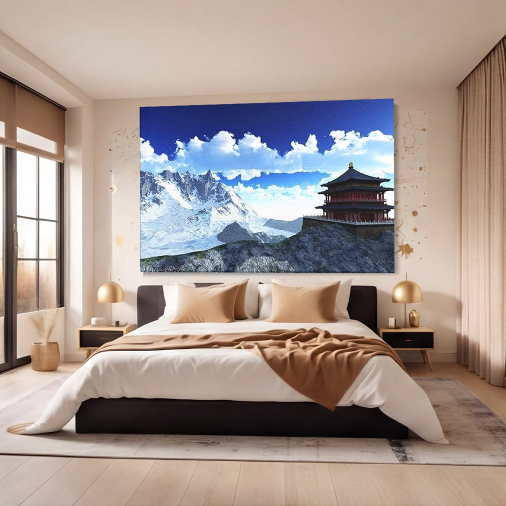 Tablou Canvas Premium, LuxCanva® O1045, Armonie in Himalaya, Templu, Munti, Inzapezit, Cer, Pamant, Orient, Pace, Varf, Mister, Spiritualitate, Asia, Pagoda, Sacru, Nori, Birou, Living, Dormitor
