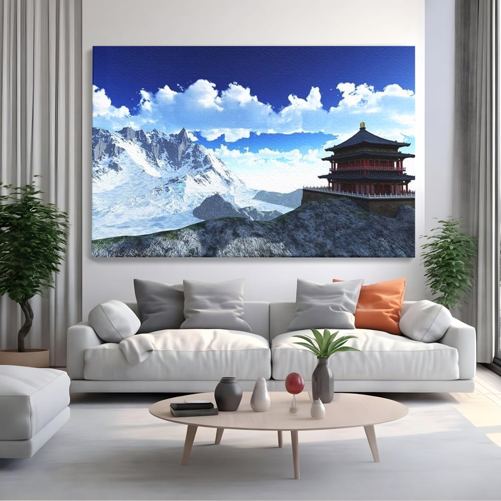 Tablou Canvas Premium, LuxCanva® O1045, Armonie in Himalaya, Templu, Munti, Inzapezit, Cer, Pamant, Orient, Pace, Varf, Mister, Spiritualitate, Asia, Pagoda, Sacru, Nori, Birou, Living, Dormitor