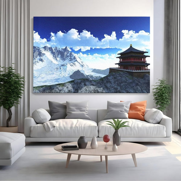 Tablou Canvas Premium, LuxCanva® O1045, Armonie in Himalaya, Templu, Munti, Inzapezit, Cer, Pamant, Orient, Pace, Varf, Mister, Spiritualitate, Asia, Pagoda, Sacru, Nori, Birou, Living, Dormitor