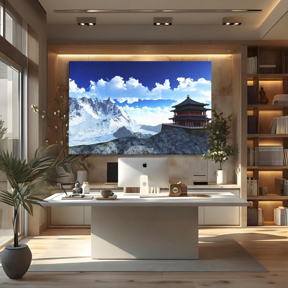 Tablou Canvas Premium, LuxCanva® O1045, Armonie in Himalaya, Templu, Munti, Inzapezit, Cer, Pamant, Orient, Pace, Varf, Mister, Spiritualitate, Asia, Pagoda, Sacru, Nori, Birou, Living, Dormitor