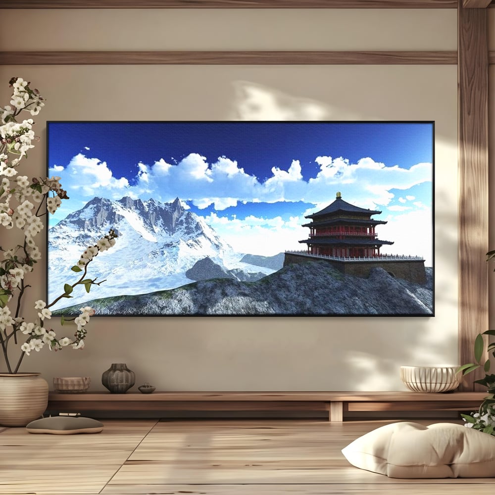 Tablou Canvas Premium, LuxCanva® O1045, Armonie in Himalaya, Templu, Munti, Inzapezit, Cer, Pamant, Orient, Pace, Varf, Mister, Spiritualitate, Asia, Pagoda, Sacru, Nori, Birou, Living, Dormitor