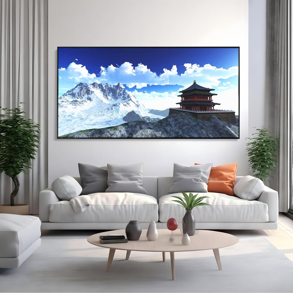 Tablou Canvas Premium, LuxCanva® O1045, Armonie in Himalaya, Templu, Munti, Inzapezit, Cer, Pamant, Orient, Pace, Varf, Mister, Spiritualitate, Asia, Pagoda, Sacru, Nori, Birou, Living, Dormitor