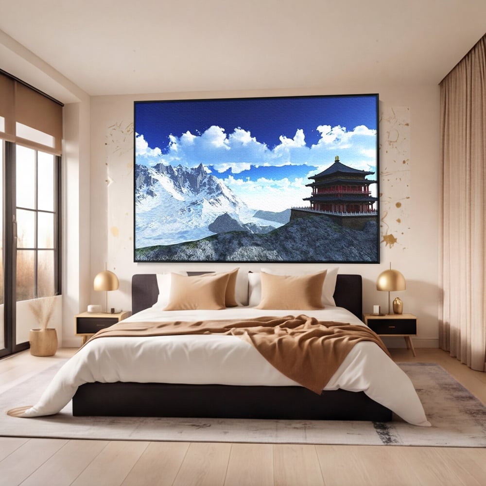 Tablou Canvas Premium, LuxCanva® O1045, Armonie in Himalaya, Templu, Munti, Inzapezit, Cer, Pamant, Orient, Pace, Varf, Mister, Spiritualitate, Asia, Pagoda, Sacru, Nori, Birou, Living, Dormitor