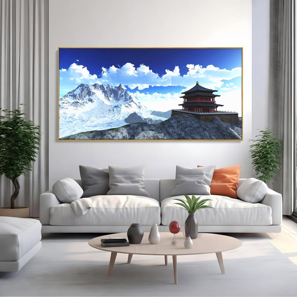 Tablou Canvas Premium, LuxCanva® O1045, Armonie in Himalaya, Templu, Munti, Inzapezit, Cer, Pamant, Orient, Pace, Varf, Mister, Spiritualitate, Asia, Pagoda, Sacru, Nori, Birou, Living, Dormitor