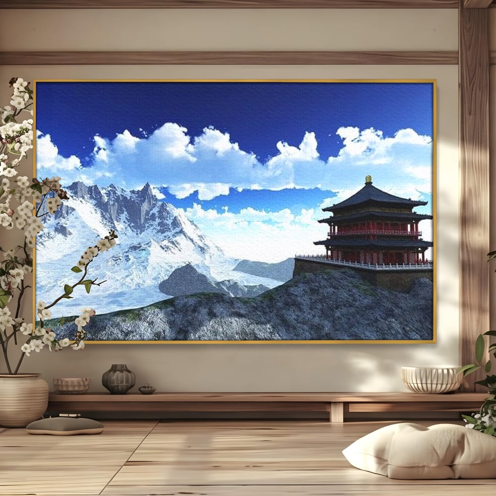 Tablou Canvas Premium, LuxCanva® O1045, Armonie in Himalaya, Templu, Munti, Inzapezit, Cer, Pamant, Orient, Pace, Varf, Mister, Spiritualitate, Asia, Pagoda, Sacru, Nori, Birou, Living, Dormitor